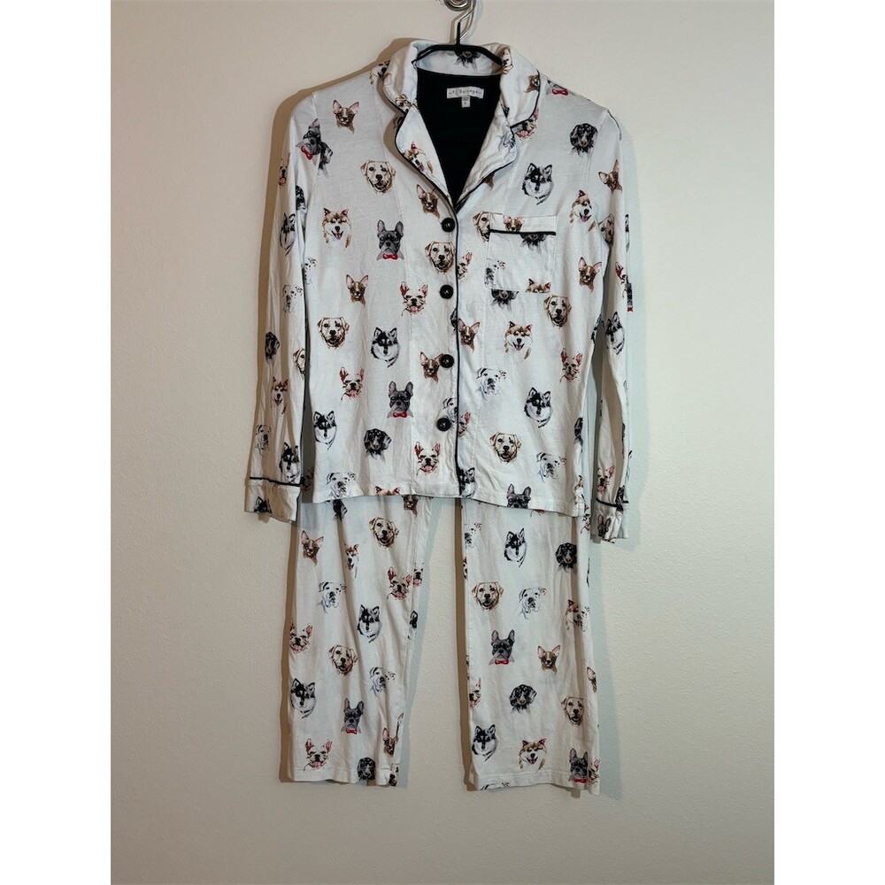 PJ Salvage Pajama Set Womens Size S Ivory Dog Print Button Front Top Pants